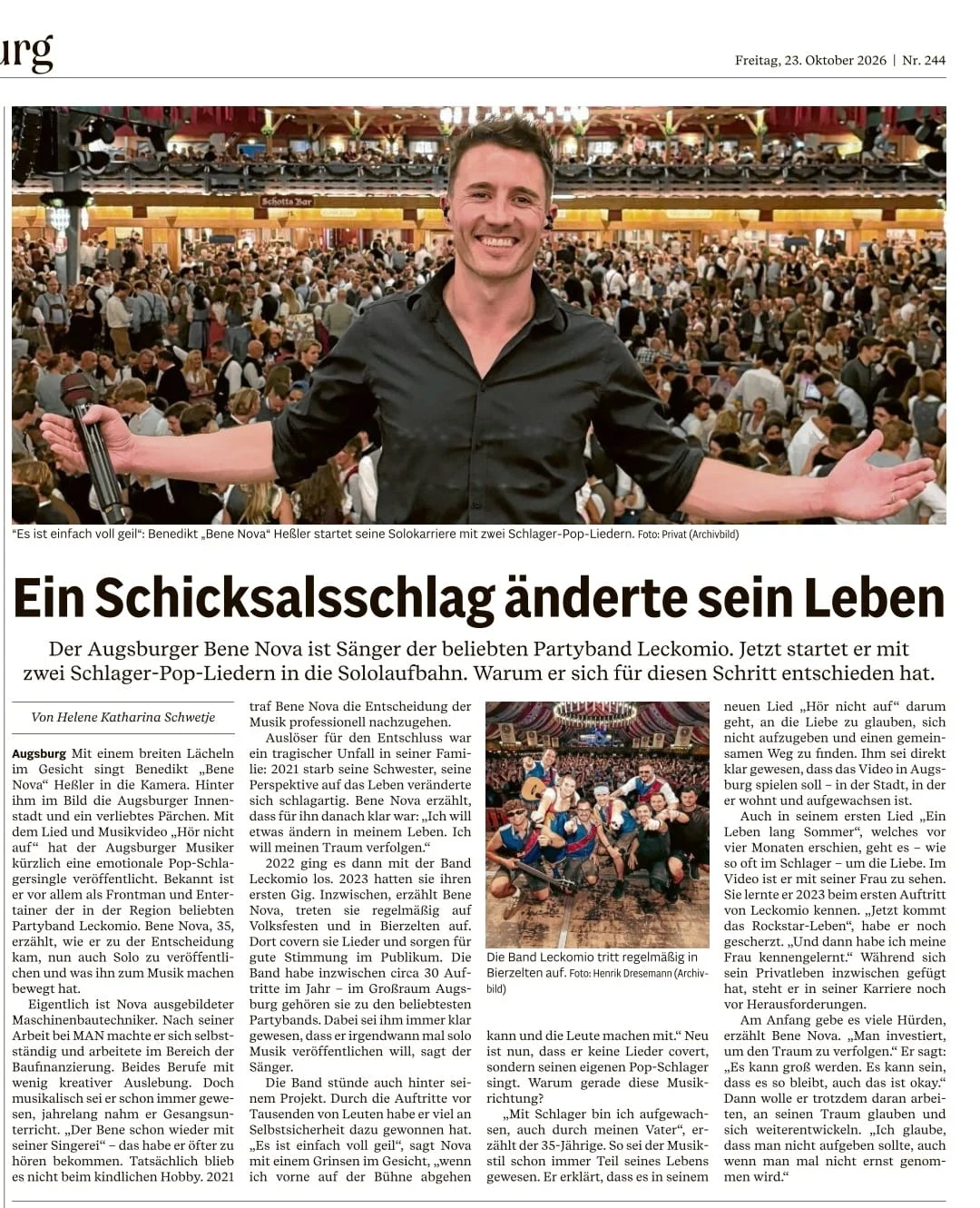 Zeitungsartikel „Ein Schicksalsschlag änderte sein Leben" vom 23.10.2026 über Bene Nova, Sänger der Partyband Leckomio